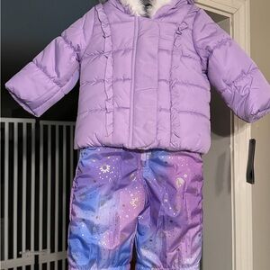 NWT Snowsuit 12 mo London Fog lavender quilted puffy jacket & Bibbed Ski Pants